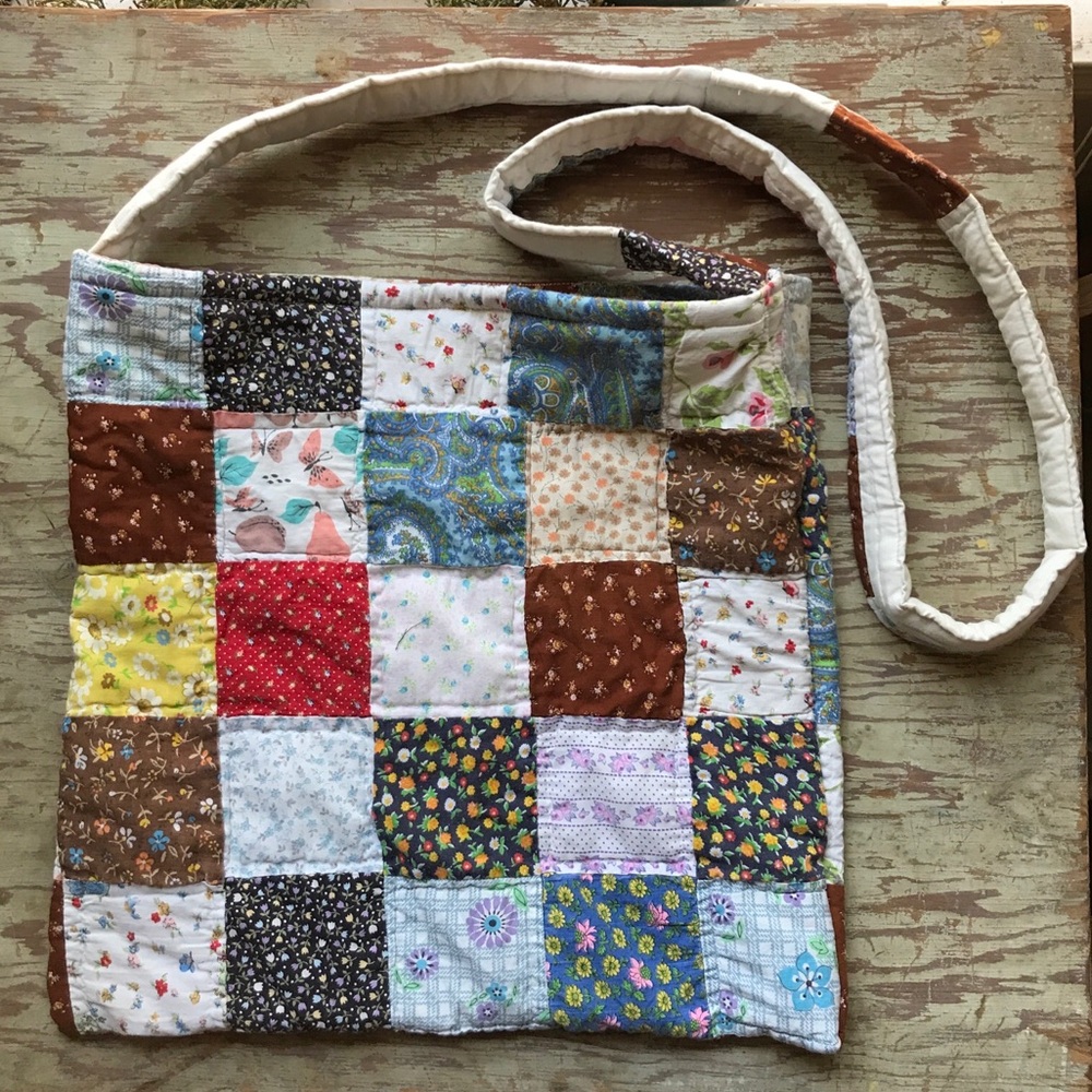 Handmade Vintage Quilt Upcycled Crossbody Tote Bag Cottagecore